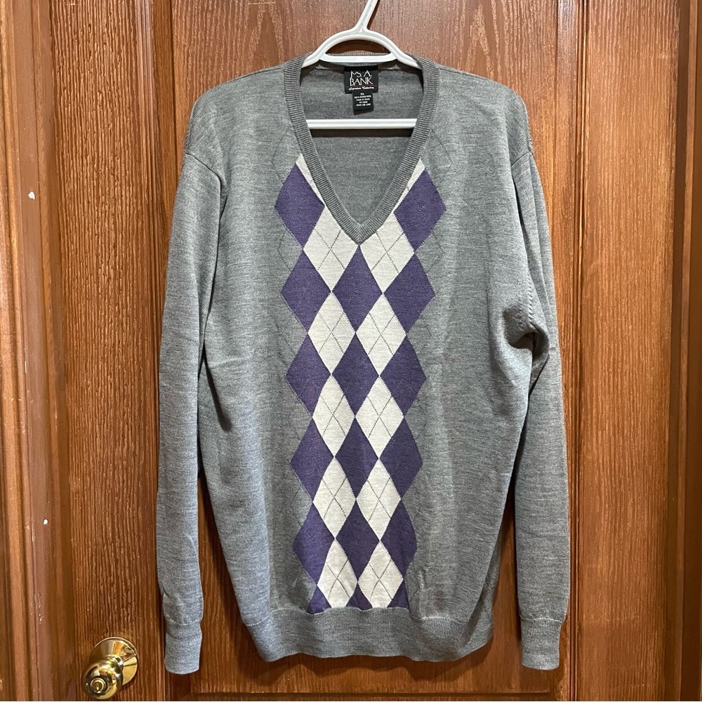 Jos. A. Bank Gray and Purple Argyle V-Neck Sweater Merino Wool Size XL